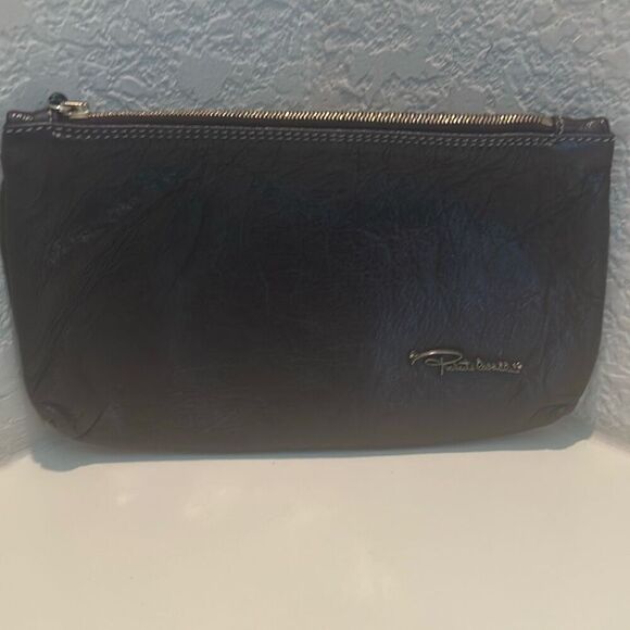 Roberto Cavalli Zip Top Pouch Bag Brown Leather Small Minimalist - Picture 7 of 14